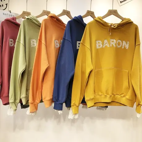 2020春新款韩国东大门甜美百搭蕾丝字母毛圈棉休闲卫衣大码宽松商品大图