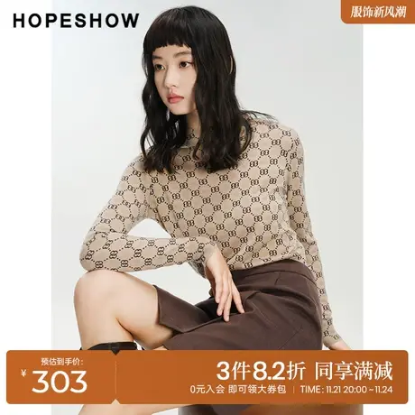 红袖outlets双色半高领套头打底衫hopeshow2023冬通勤休闲针织衫商品大图