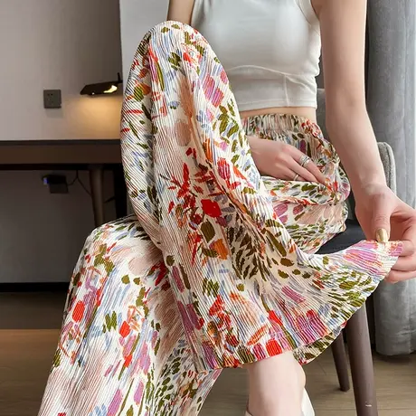 冰丝窄板直筒阔腿裤子女夏季薄款2023新款高腰垂感扎染抖抖休闲裤商品大图