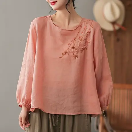 dza 文艺复古刺绣苎麻衬衫女士2023春夏新款套头长袖衬衣棉麻上衣图片