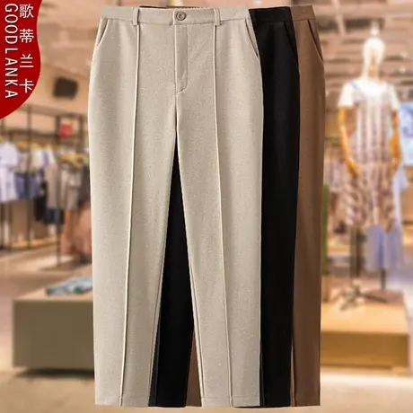 中年40-50岁胖妈妈装秋冬季米色毛呢裤子加肥加大码女显瘦烟管裤商品大图