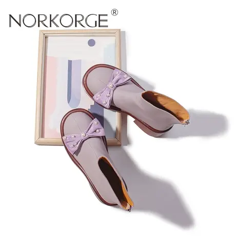 2023新款冬季复古仙女风文艺紫时装短靴女靴真皮圆头蝴蝶结增高鞋商品大图