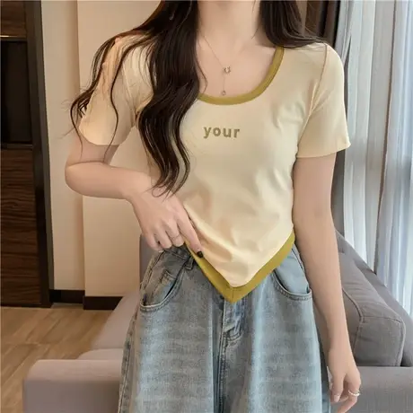 撞色拼接短袖t恤女夏季2024新款不规则打底小衫修身短款半袖上衣商品大图