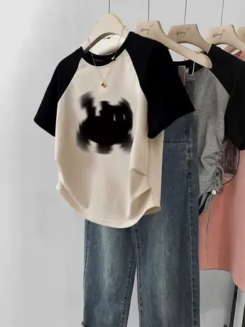 胖mm夏季显瘦插肩袖T恤女拼接闺蜜装ins潮牌短款港风撞色短袖上衣商品大图