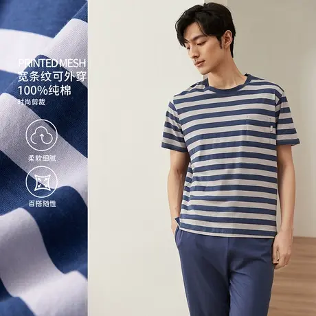 顶瓜瓜睡衣男款夏季纯棉薄款条纹短袖长裤可外穿家居服套装夏款商品大图