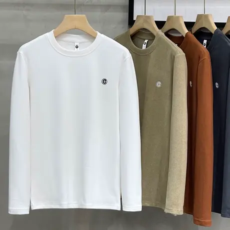 男装秋冬双面保暖德绒圆领长袖T恤纯色刺绣体恤时尚打底衫男潮流商品大图