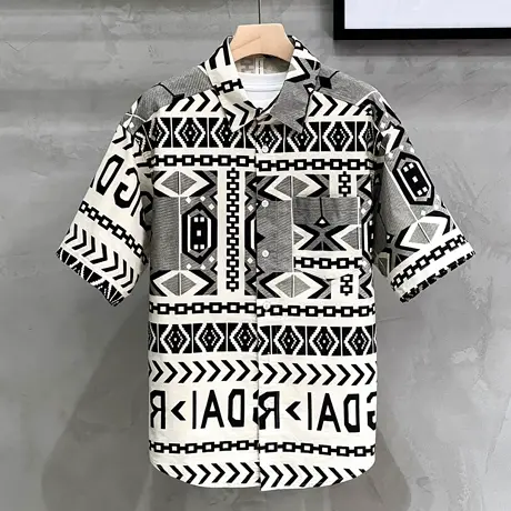 男士衬衫短袖2023新款夏季小众设计高级感印花衬衣痞帅男装潮港风商品大图