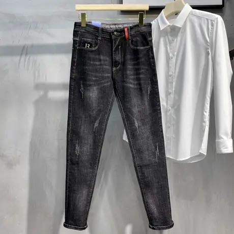 男士牛仔裤春秋季2023新款修身小脚裤潮牌长裤子男韩版潮流百搭图片