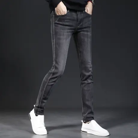 2023秋季新款牛仔裤男款修身小脚裤黑灰色韩版弹力百搭男装裤子厚商品大图
