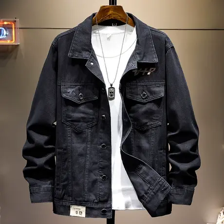 黑色宽松秋冬季新款韩版休闲工装夹克牛仔加肥加大外套男刺绣衣服商品大图