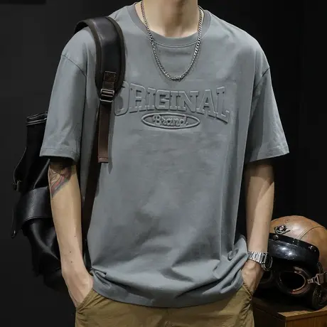 纯棉炭灰短袖t恤男士半袖圆领潮牌大码2024新款男装印花体恤男款商品大图