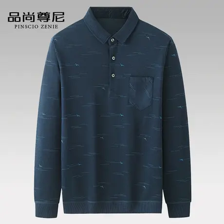 爸爸秋装上衣线条花纹翻领宽松长袖t恤春秋薄款男士Polo衫中老年商品大图