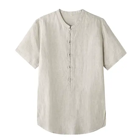 断码短袖衬衫男宽松休闲立领亚麻男士青年中国风男装上衣棉麻衬衣商品大图