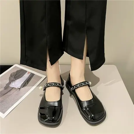 玛丽珍小皮鞋女配裙子2024春秋夏季新款低跟珍珠链条浅口娃娃单鞋图片