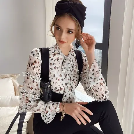 粉红大布娃娃雪纺衬衫2022新款印花蝴蝶结春季复古港味长袖上衣女商品大图