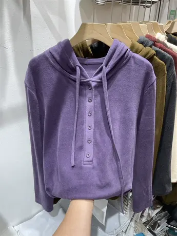 设计感套头纽扣双面德绒加厚卫衣女2023秋冬款慵懒风宽松帽衫上衣商品大图