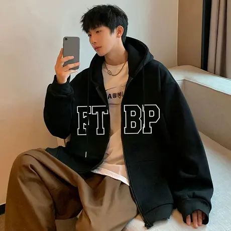 加绒加厚春秋季拉链卫衣外套男春秋季2024新款开衫上衣休闲连帽衫图片