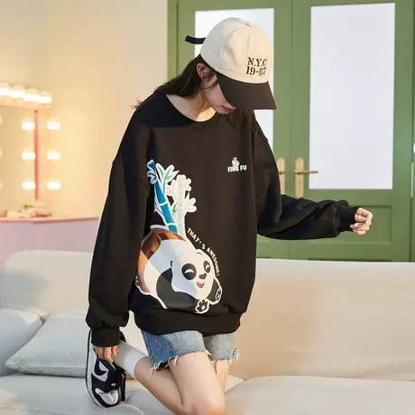 [功夫熊猫联名]唐狮女装卫衣圆领加绒衣服冬季新卡通上衣慵懒风商品大图