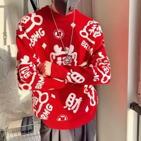 情侣款毛衣男冬季新款ins个性福字提花设计感轻熟加厚针织打底衫商品大图