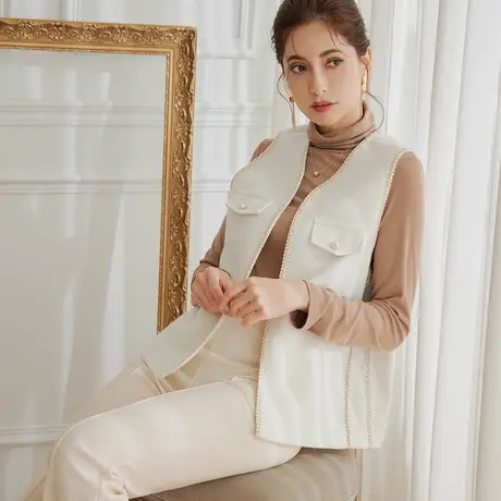 桔熊秋冬季温柔毛呢料马甲V领坎肩上衣无袖背心外套女大码EA3588图片