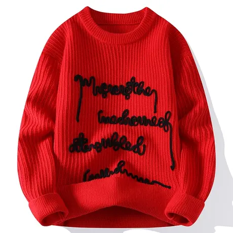 本命年红色毛衣男新款秋冬季加绒加厚针织打底衫潮流提花学生线衣商品大图