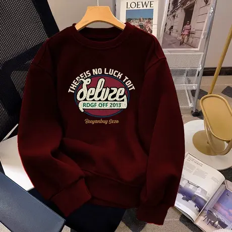 国潮bf慵懒风喜庆圆领卫衣女大码ins潮秋冬加绒复古印花外套上衣商品大图