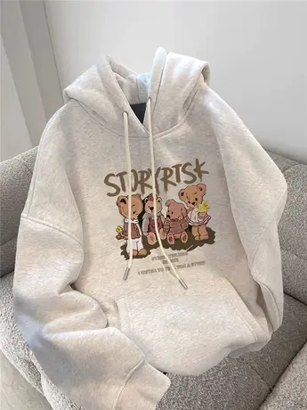 日系复古慵懒小熊印花连帽卫衣女秋冬加绒加厚重磅外套宽松上衣潮商品大图