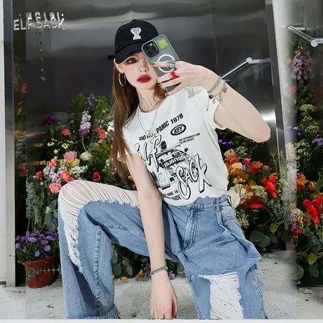 妖精的口袋白色印花正肩t恤女2023夏季新款短袖复古短款修身上衣商品大图