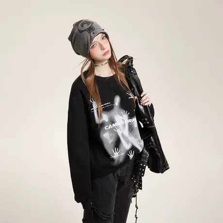 潮牌印花圆领卫衣女春秋2024年新款美式复古宽松oversize无帽上衣商品大图