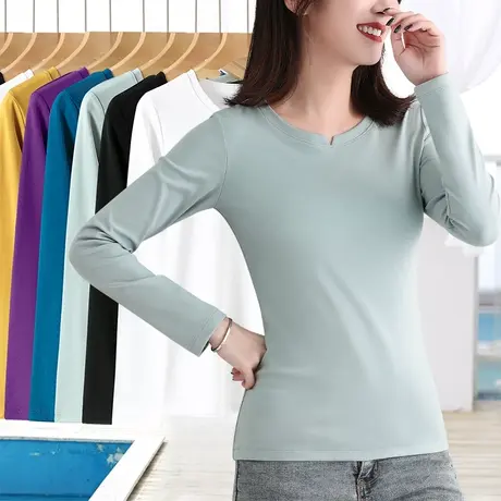 浅蓝色圆领缺口长袖打底衫螺纹弹力修身内搭百搭减龄上衣春季女装图片