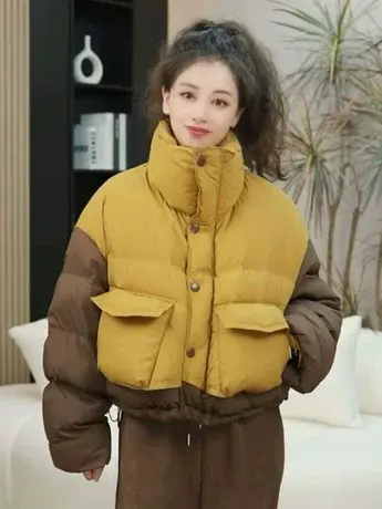 欧货拼色短款羽绒服女2023冬季休闲小个子加厚爆款设计师款外套潮图片