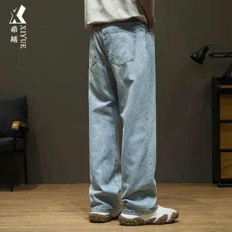 希越复古水洗牛仔裤男士春秋新款宽松大码休闲直筒长裤子男阔腿裤商品大图