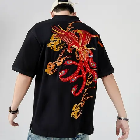 国潮中国风纯棉翻领t恤宽松上衣服重工刺绣凤凰POLO衫男短袖大码商品大图