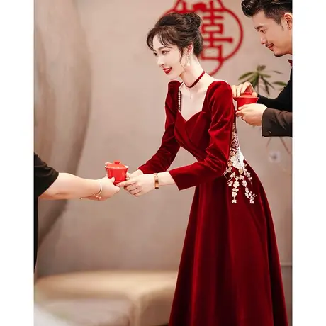 敬酒服新娘2023新款秋季长袖冬季丝绒长款结婚礼服订婚答谢宴冬天图片