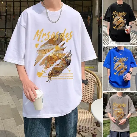 潮流油画风美式短袖T恤男夏季宽松上衣ins纯棉重磅衣服半袖打底衫商品大图