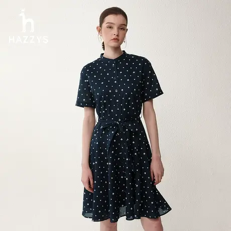 【纯棉舒适】Hazzys哈吉斯春夏季中长款显瘦裙子立领印花连衣裙女商品大图