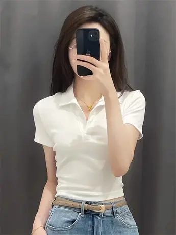 白色纯棉polo领正肩短袖t恤女夏季修身洋气小个子短款上衣设计感图片