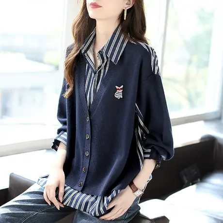 宝诗黎假两件针织拼接衬衫流行2024春季百搭上衣新款小众条纹长袖商品大图