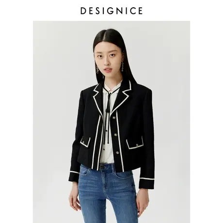 迪赛尼斯春秋新款时尚法式黑白撞色精编黑色粗花呢短款外套女图片