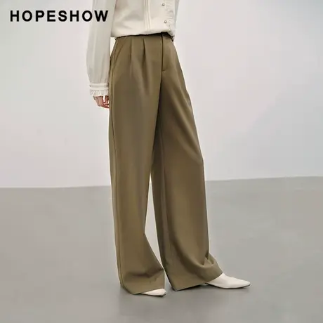 红袖纯色立体压褶阔腿长裤hopeshow2024春季新款一粒扣垂感休闲裤商品大图