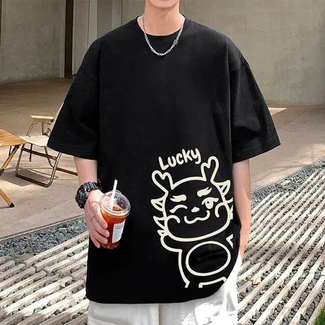 国潮龙年短袖t恤男夏季2024新款卡通纯棉体恤潮流宽松半截袖衣服商品大图