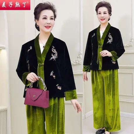 妈妈套装春装新款2024春秋两件套绣花丝绒运动服奶奶中老年人女装商品大图