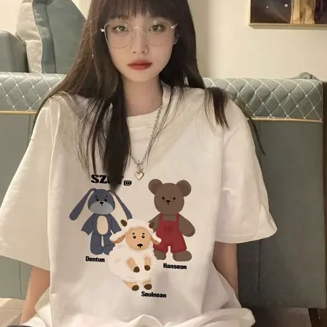 纯棉重磅小熊印花设计感短袖t恤女夏季新款宽松小众半袖上衣潮牌商品大图