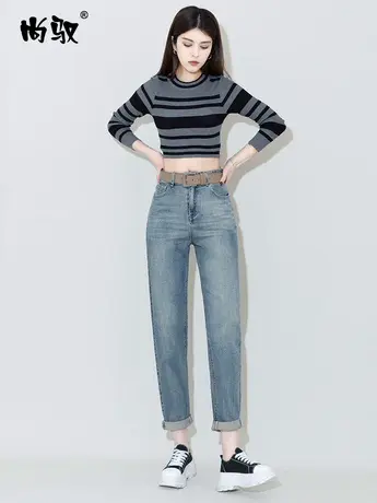 尚驭蓝色弹力牛仔垮裤女2024年春季新款老爹裤遮肉显瘦哈伦裤百搭图片