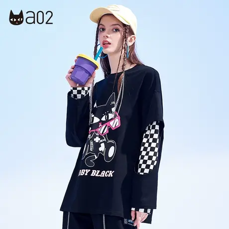 a02拼接撞色时尚印花圆领卫衣女2021春秋新款宽松百搭薄款上装潮图片