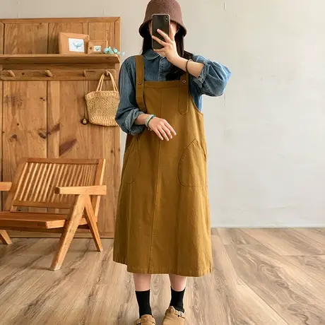 dza 复古纯棉工装背带连衣裙子女春新款外穿中长款休闲文艺A字裙图片
