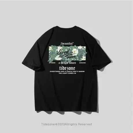 Ohlyah潮牌植物花卉橘子花字母印花宽松休闲黑色短袖T恤男女同款图片