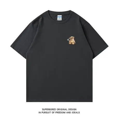 美式趣味卡通简约蒙眼小熊印花短袖T恤男夏季纯棉宽松情侣装半袖图片