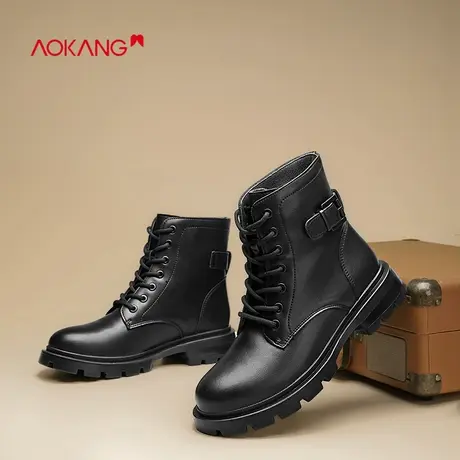 奥康2024年春秋季新款黑色复古中筒靴复古英伦风机车系带马丁靴女商品大图