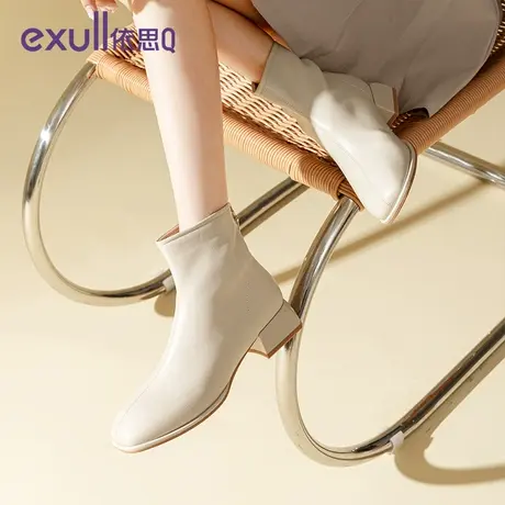 依思Q白色女靴子2023年新款秋冬短靴马丁靴法式加绒粗跟瘦瘦靴图片